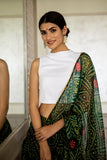 Bottle Green Bandhej Drape Saree Skirt Co-Ord Set (Pack Of 2)