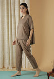 Mulmul Cotton Solid Tan Brown Top And Straight Fit Pants (Set Of 2)
