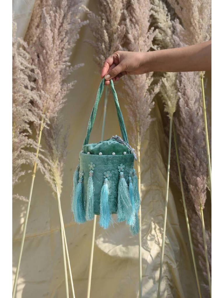 Mint Blue Tasseled Bucket Bag