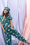 Black Green Floral Printed Pure Cotton Night Suit With Eye Mask