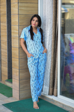 Blue Black Floral Printed Pure Cotton Night Suit With Eye Mask
