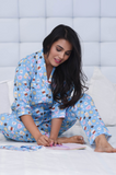 Blue White Pure Cotton Coffee Print Night Suit With Eye Mask
