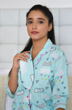 Blue Pink Heart Printed Pure Cotton Night Suit With Eye Mask