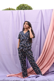 Navy Blue Pink Pure Cotton Floral Print Night Suit With Eye Mask