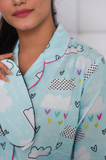 Blue Pink Heart Printed Pure Cotton Night Suit With Eye Mask