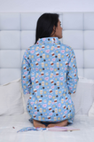 Blue White Pure Cotton Coffee Print Night Suit With Eye Mask