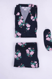 Navy Blue Pink Pure Cotton Floral Print Night Suit With Eye Mask