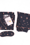 Black Pink Cotton Star Print Pocket Night Suit With An Eye Mask