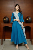 Pheeta Sapphire Blue Solid Suit Set with Block Print Dupatta