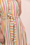 Multi Colour Striped Cotton Spaghetti Midi Dress With Belt