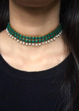 Green Resin Stone and Pearl Choker Necklace