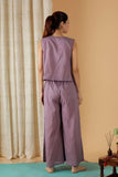 Mulmul Cotton Lilac V Neck Top And Drawstring Flared Pants (Set Of 2)