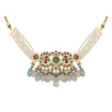 Pastel Blue And Pink Tanjore Beaded Handcrafted Kundan Necklace Set