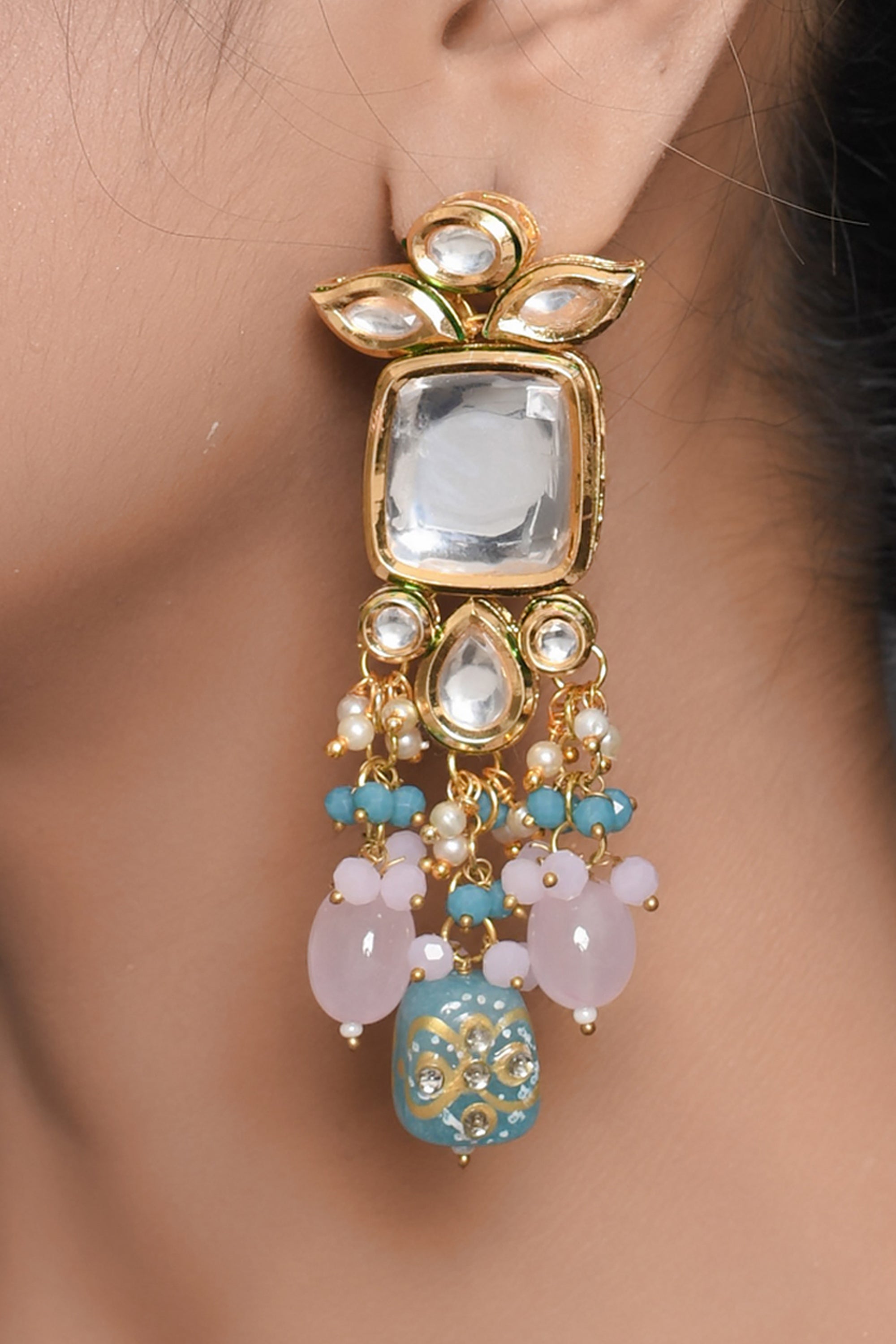 Buy Pink and Peacock Blue Bead Earrings Online On Zwende