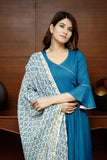 Pheeta Sapphire Blue Solid Suit Set with Block Print Dupatta