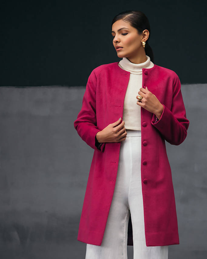 Collarless Wool Coat In Pink