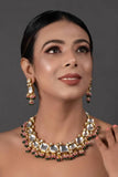 Pink Green Gold Tone Kundan Necklace With Earrings