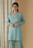 Mulmul Cotton Solid Turquoise Blue Piping Kurti