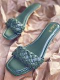 Glossy Braided Green Casual Flats