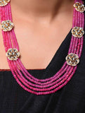 Pink Gold Tone Kundan Beaded Necklace With Earrings