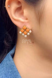 Orange Resin Stone and Pearl Stud Earrings