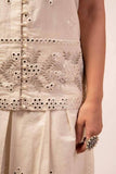 Classy Solid Off White Cotton Mirror Work Jacket-Skirt Set