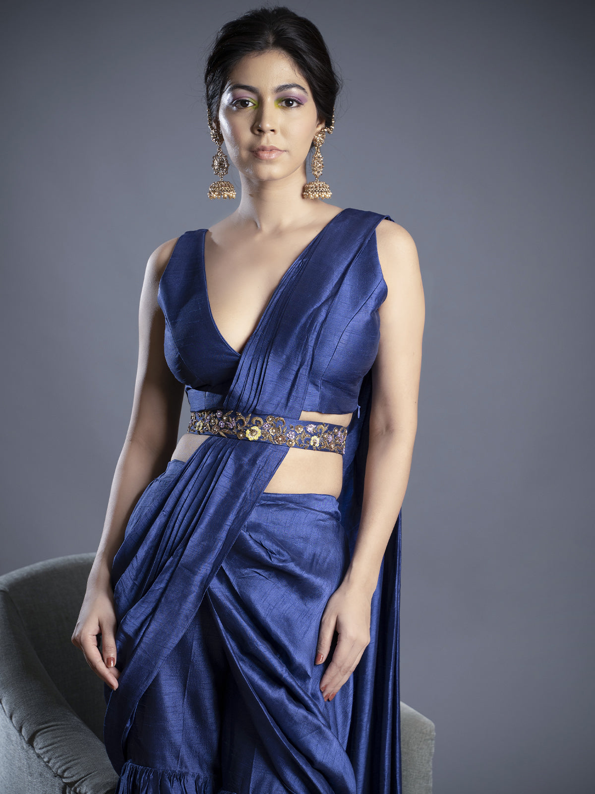 Classic Blue Gharara Drape Saree With Blouse And Belt