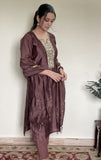 Dark Brown Chanderi Silk Suit With Hand Embroidery