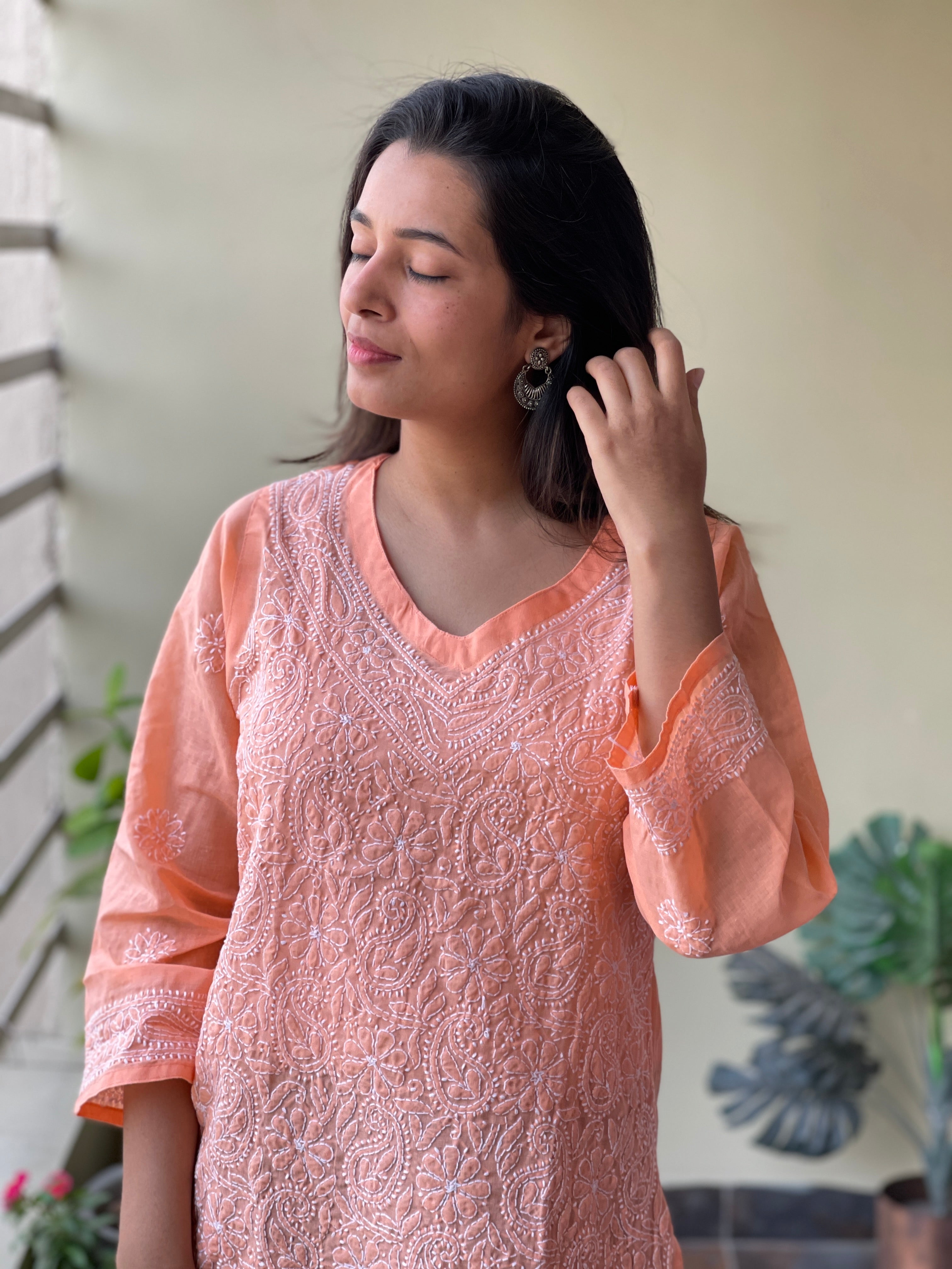 Crystal Peach Embroidered Stylish Kurti with Dupatta and Pant Set | Bhadar