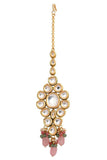 Classic Pink Beaded Gold Tone Kundan Inspired Maang Tikka With Earrings