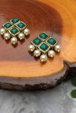 Green Resin Stone and Pearl Stud Earrings