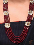 Maroon Gold Tone Kundan Beaded Necklace With Earrings