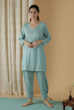 Mulmul Cotton Solid Turquoise Blue Kurti And Straight Pants (Set Of 2)