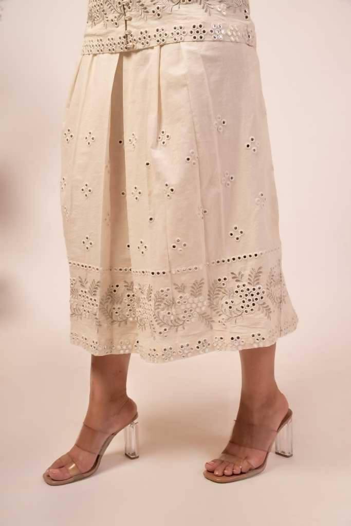 Classy Solid Off White Cotton Mirror Work Jacket-Skirt Set