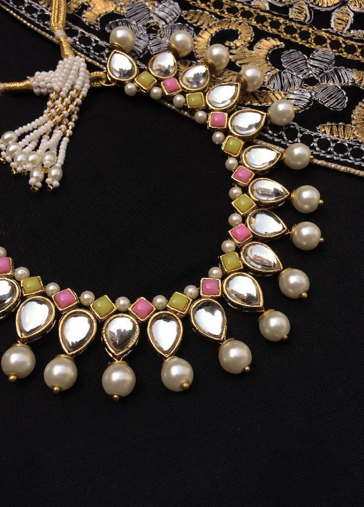 Kundan, Pearl and Pink Yellow Stone Necklace