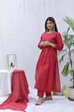 red chanderi silk mirror hand embroidered suit set of 3 - Nuaah | An Indian Bazaar - Kurta , Palazzo , Dupatta