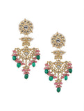 Green Pink Kundan Gold Tone Necklace With Earrings