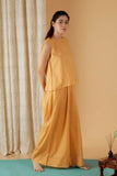 Mulmul Cotton Solid Mustard Top And Wide Leg Pants (Set Of 2)