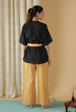 Mulmul Cotton Black Robe And Mustard Straight pants (Set Of 2)