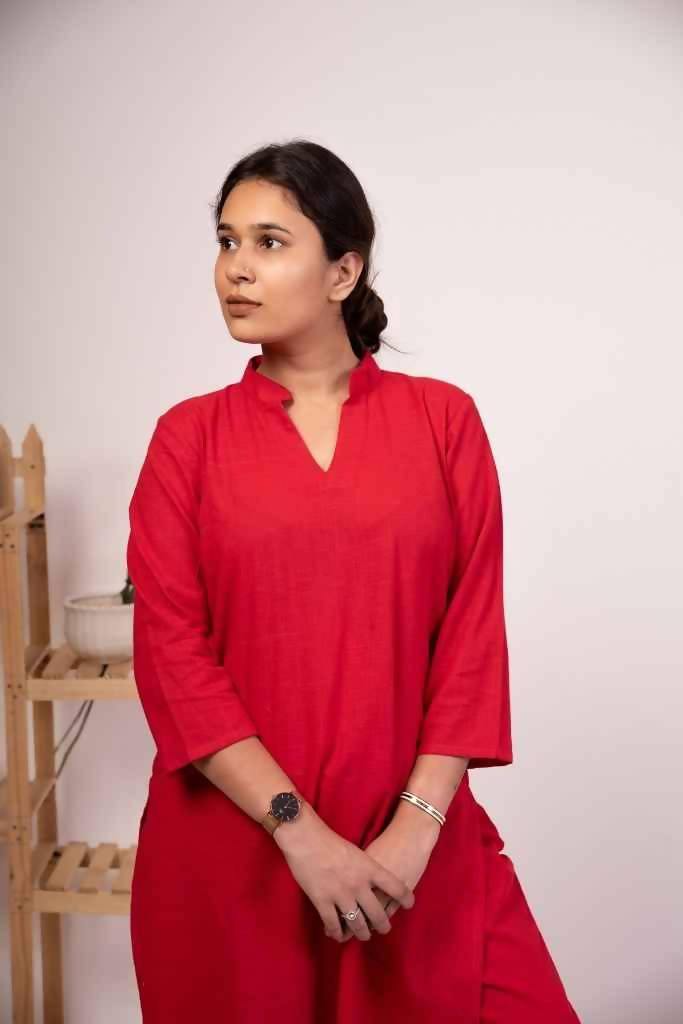 Wearable Solid Red Cotton Kurta and Pant Suit Set - Nuaah | An Indian Bazaar - Pantsuit Set